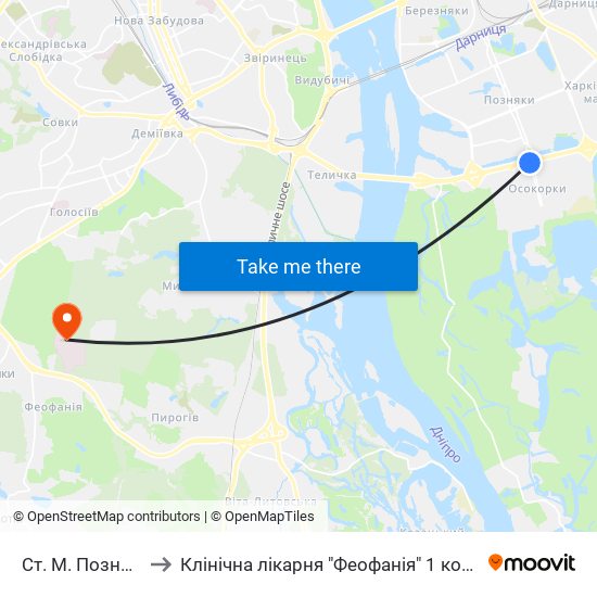 Ст. М. Позняки to Клінічна лікарня "Феофанія" 1 корпус map