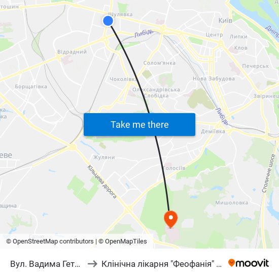 Вул. Вадима Гетьмана to Клінічна лікарня "Феофанія" 1 корпус map