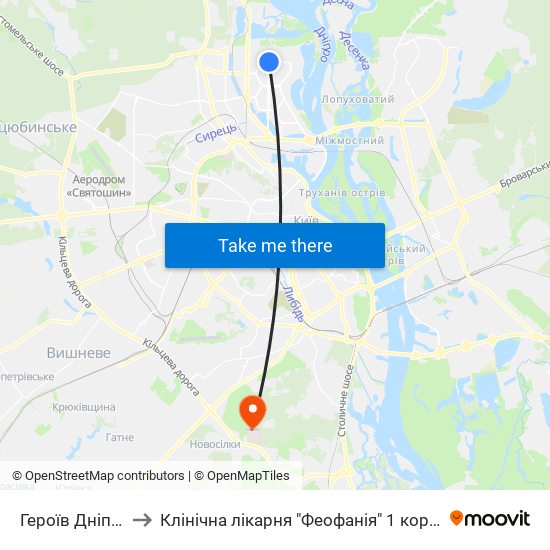 Героїв Дніпра to Клінічна лікарня "Феофанія" 1 корпус map