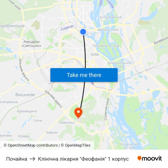 Почайна to Клінічна лікарня "Феофанія" 1 корпус map
