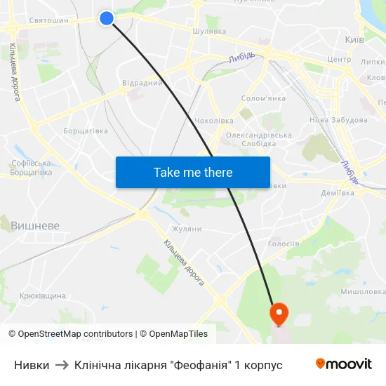 Нивки to Клінічна лікарня "Феофанія" 1 корпус map