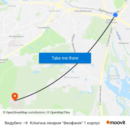 Видубичі to Клінічна лікарня "Феофанія" 1 корпус map