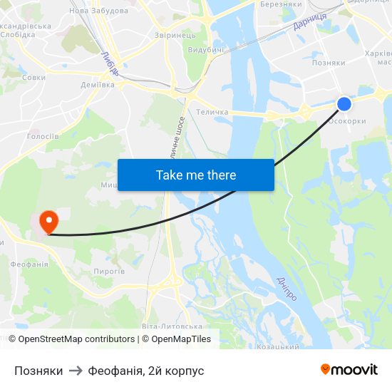 Позняки to Феофанія, 2й корпус map