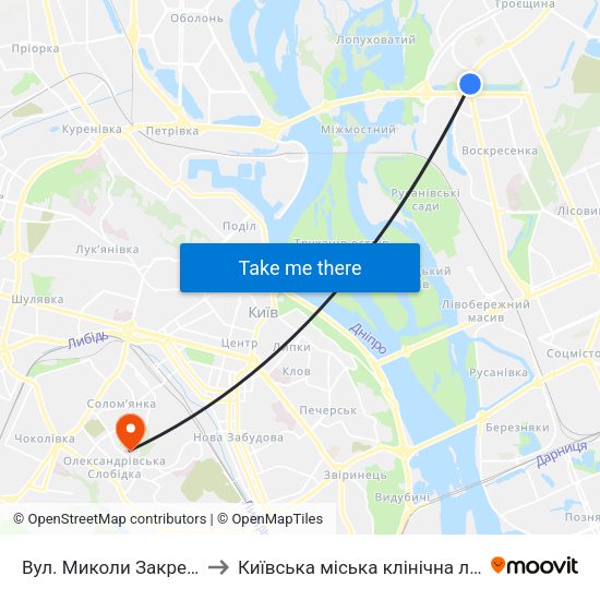 Вул. Миколи Закревського to Київська міська клінічна лікарня №4 map