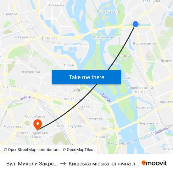 Вул. Миколи Закревського to Київська міська клінічна лікарня №4 map