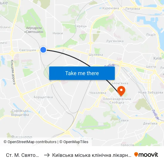 Ст. М. Святошин to Київська міська клінічна лікарня №4 map