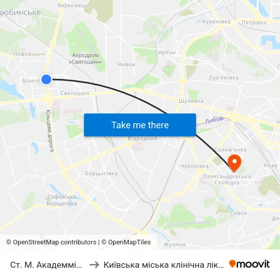 Ст. М. Академмістечко to Київська міська клінічна лікарня №4 map