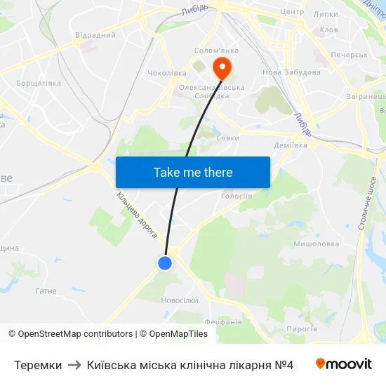 Теремки to Київська міська клінічна лікарня №4 map