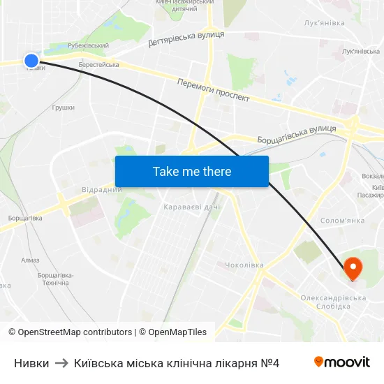 Нивки to Київська міська клінічна лікарня №4 map