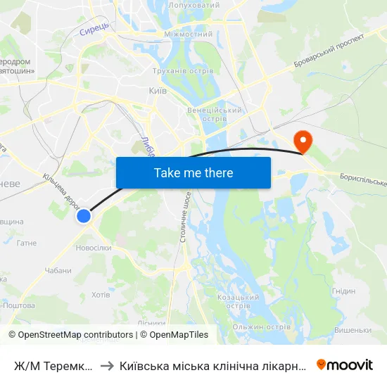 Ж/М Теремки-1 to Київська міська клінічна лікарня №1 map
