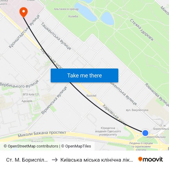 Ст. М. Бориспільська to Київська міська клінічна лікарня №1 map