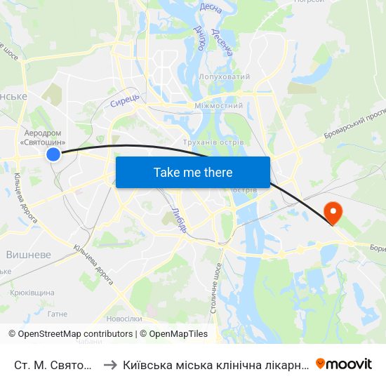 Ст. М. Святошин to Київська міська клінічна лікарня №1 map