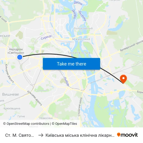 Ст. М. Святошин to Київська міська клінічна лікарня №1 map