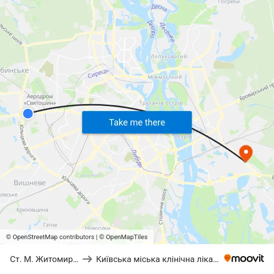 Ст. М. Житомирська to Київська міська клінічна лікарня №1 map