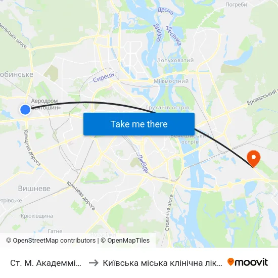 Ст. М. Академмістечко to Київська міська клінічна лікарня №1 map