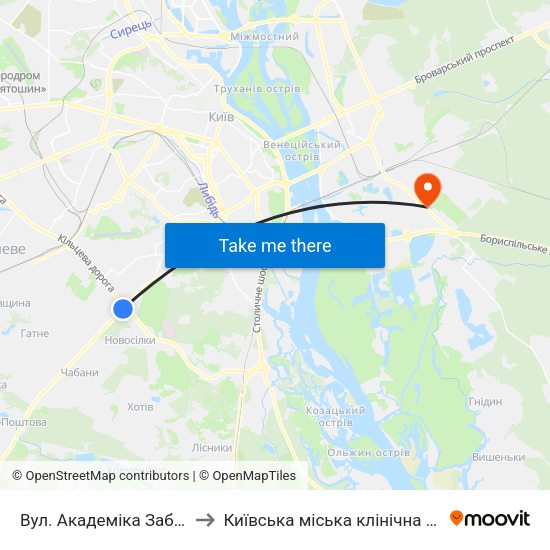 Вул. Академіка Заболотного to Київська міська клінічна лікарня №1 map