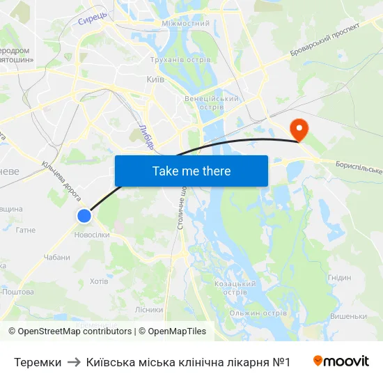 Теремки to Київська міська клінічна лікарня №1 map