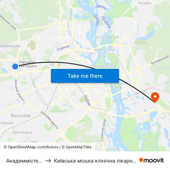 Академмістечко to Київська міська клінічна лікарня №1 map