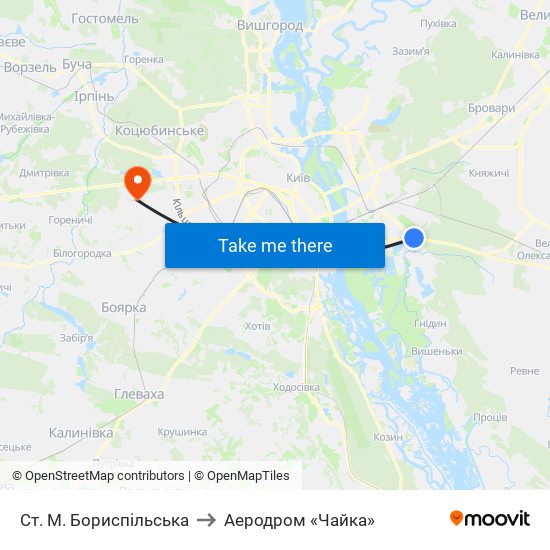 Ст. М. Бориспільська to Аеродром «Чайка» map