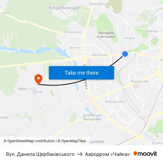 Вул. Данила Щербаківського to Аеродром «Чайка» map