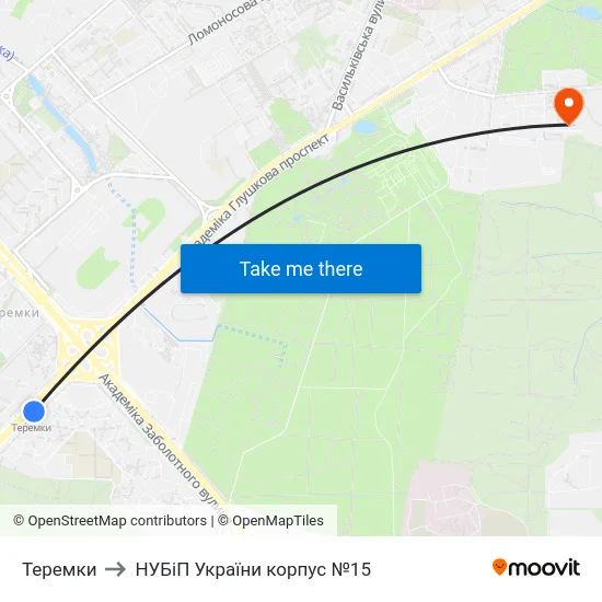 Теремки to НУБіП України корпус №15 map