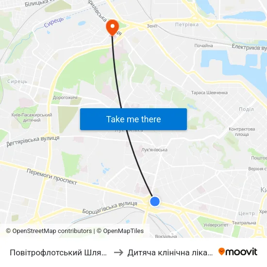 Повітрофлотський Шляхопровід to Дитяча клінічна лікарня №9 map
