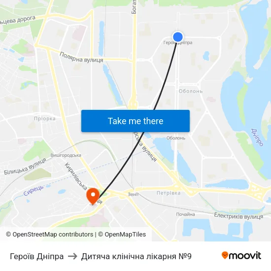 Героїв Дніпра to Дитяча клінічна лікарня №9 map