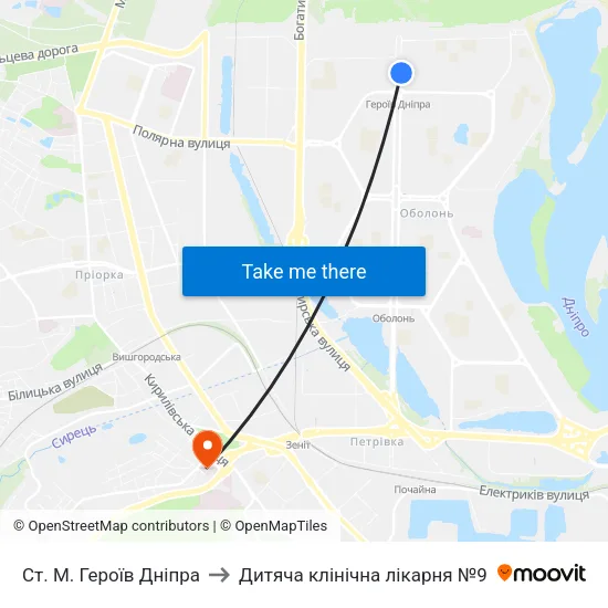 Ст. М. Героїв Дніпра to Дитяча клінічна лікарня №9 map
