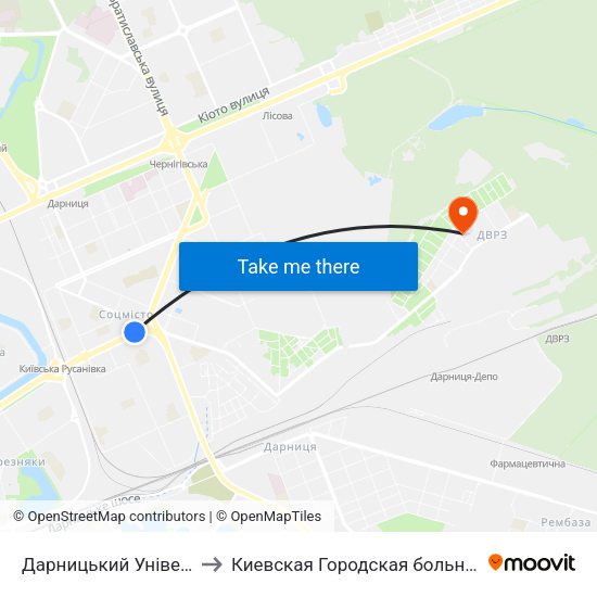 Дарницький Універмаг to Киевская Городская больница 11 map