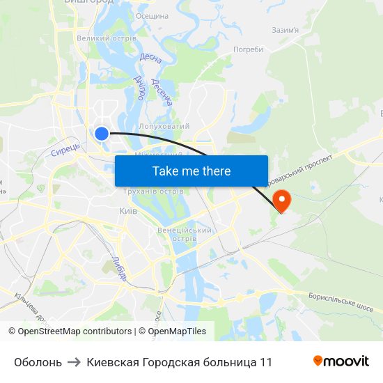 Оболонь to Киевская Городская больница 11 map
