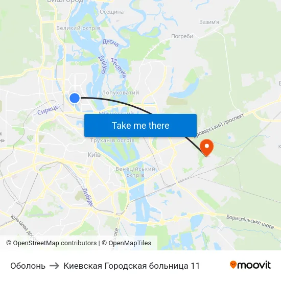 Оболонь to Киевская Городская больница 11 map