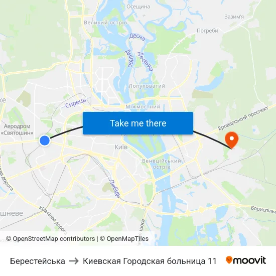 Берестейська to Киевская Городская больница 11 map