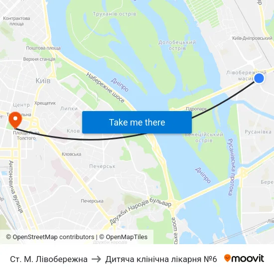 Ст. М. Лівобережна to Дитяча клінічна лікарня №6 map
