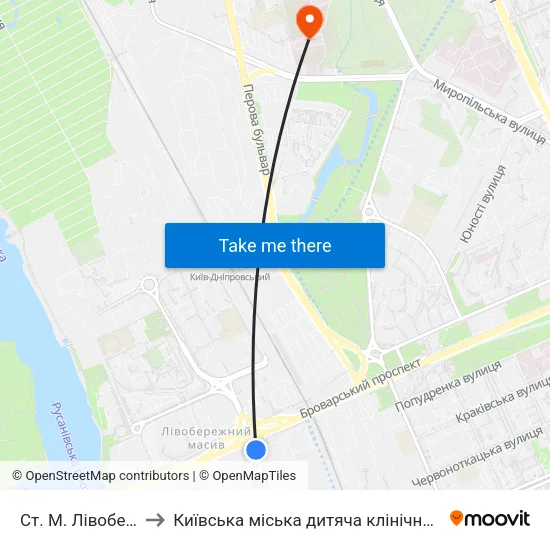 Ст. М. Лівобережна to Київська міська дитяча клінічна лікарня №2 map