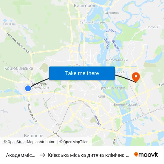 Академмістечко to Київська міська дитяча клінічна лікарня №2 map
