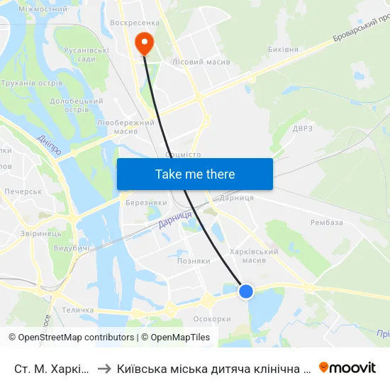 Ст. М. Харківська to Київська міська дитяча клінічна лікарня №2 map