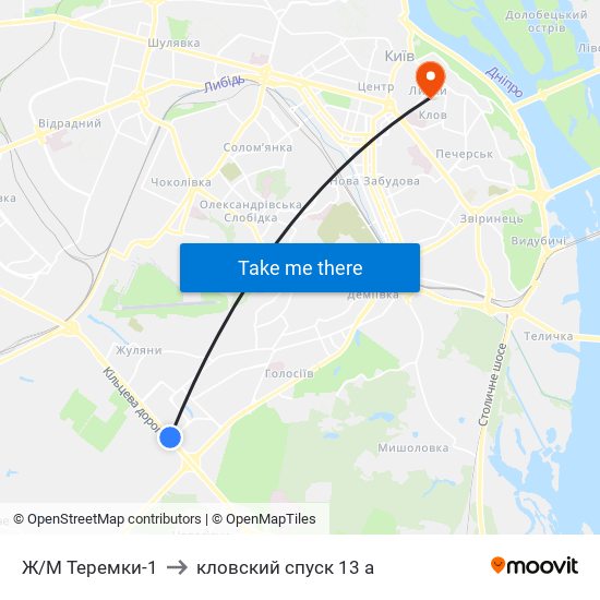 Ж/М Теремки-1 to кловский спуск 13 а map