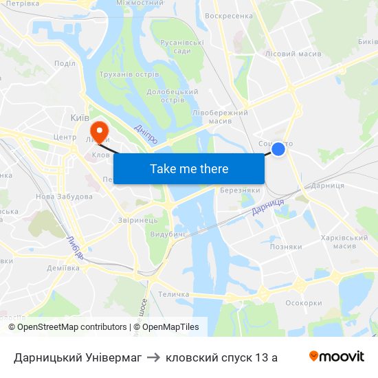 Дарницький Універмаг to кловский спуск 13 а map