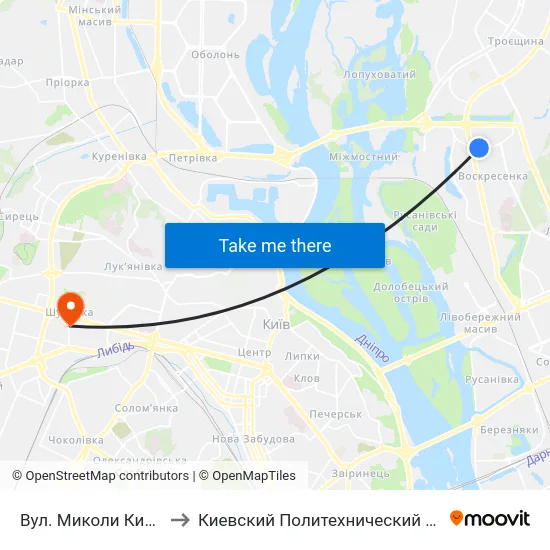Вул. Миколи Кибальчича to Киевский Политехнический Институт КПИ map