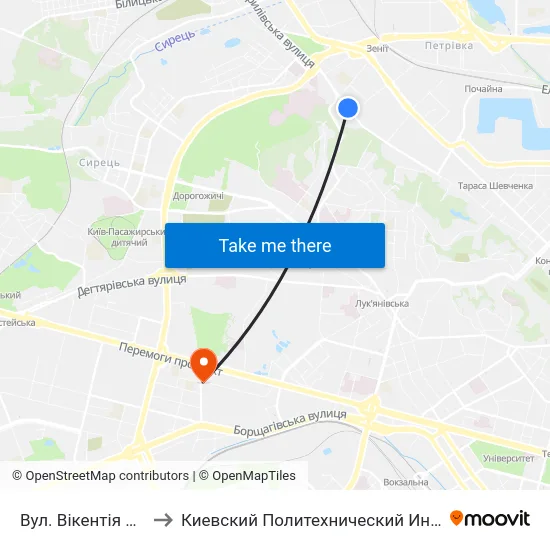 Вул. Вікентія Хвойки to Киевский Политехнический Институт КПИ map