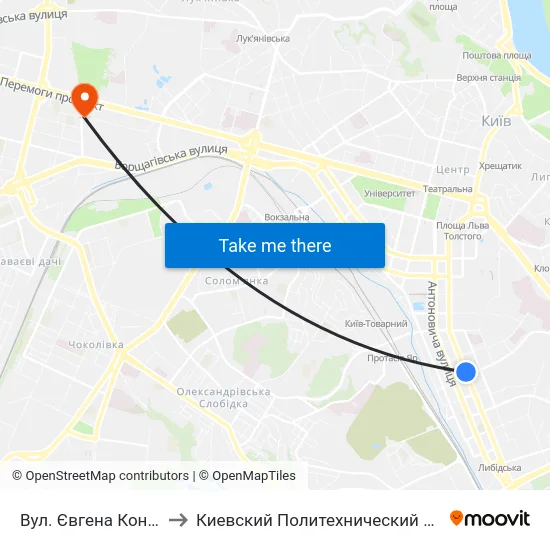 Вул. Євгена Коновальця to Киевский Политехнический Институт КПИ map