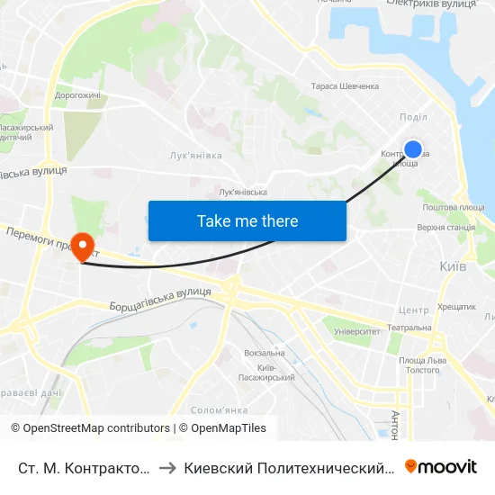 Ст. М. Контрактова Площа to Киевский Политехнический Институт КПИ map