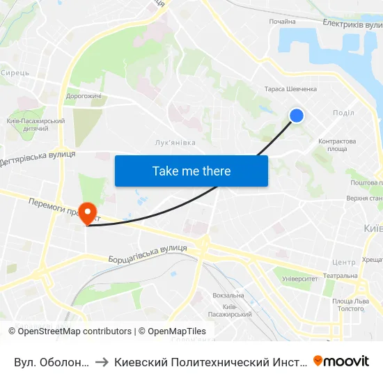 Вул. Оболонська to Киевский Политехнический Институт КПИ map