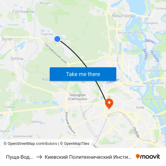 Пуща-Водиця to Киевский Политехнический Институт КПИ map