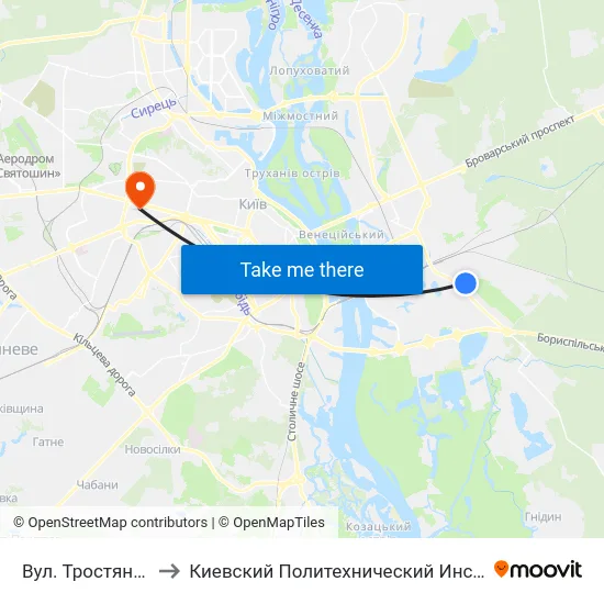 Вул. Тростянецька to Киевский Политехнический Институт КПИ map