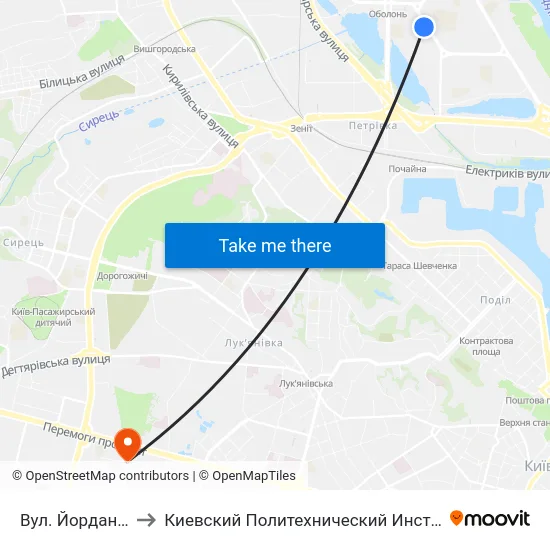 Вул. Йорданська to Киевский Политехнический Институт КПИ map