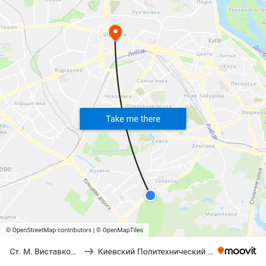 Ст. М. Виставковий Центр to Киевский Политехнический Институт КПИ map