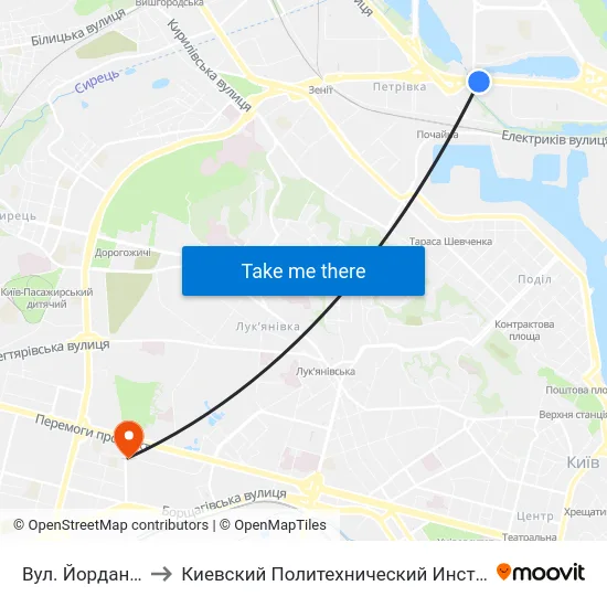 Вул. Йорданська to Киевский Политехнический Институт КПИ map