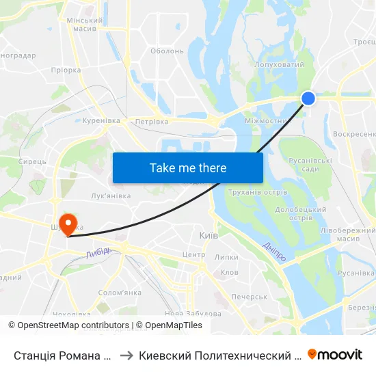 Станція Романа Шухевича to Киевский Политехнический Институт КПИ map