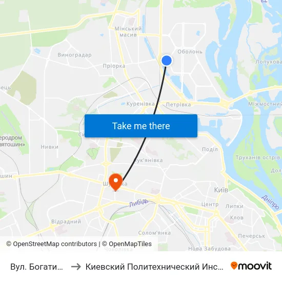 Вул. Богатирська to Киевский Политехнический Институт КПИ map